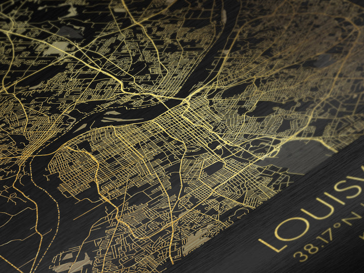 Louisville Kentucky City Poster, Metallic Gold Art, Metal Art, real wood frames, black and gold, Map Art, Best Friend Gifts