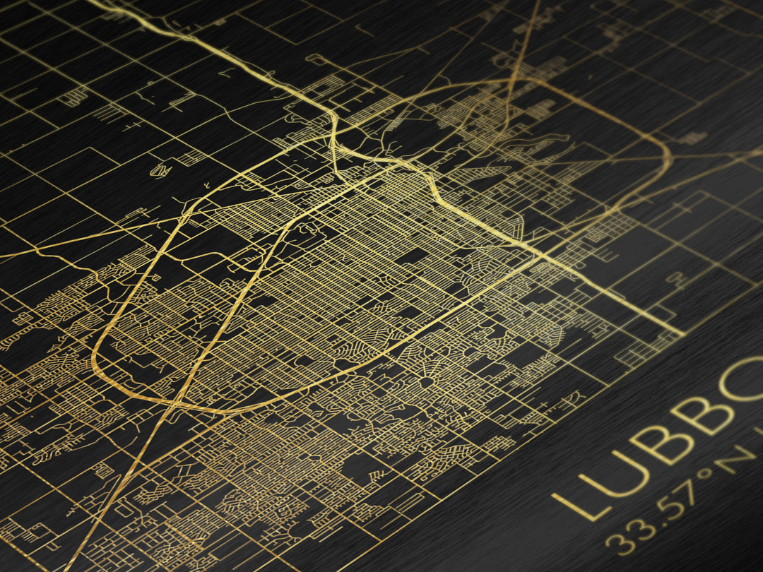 Lubbock Texas City street map, Metallic Gold Print, Metal Art, wood framed map, black and gold, Gold Street Map Art, Modern Wall Art