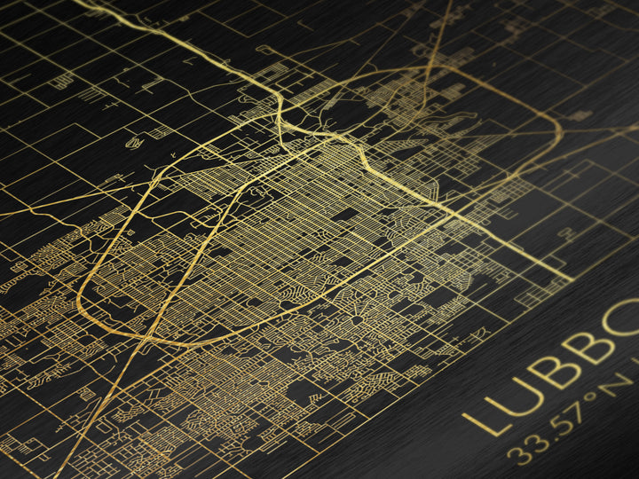 Lubbock Texas City street map, Metallic Gold Print, Metal Art, wood framed map, black and gold, Gold Street Map Art, Modern Wall Art