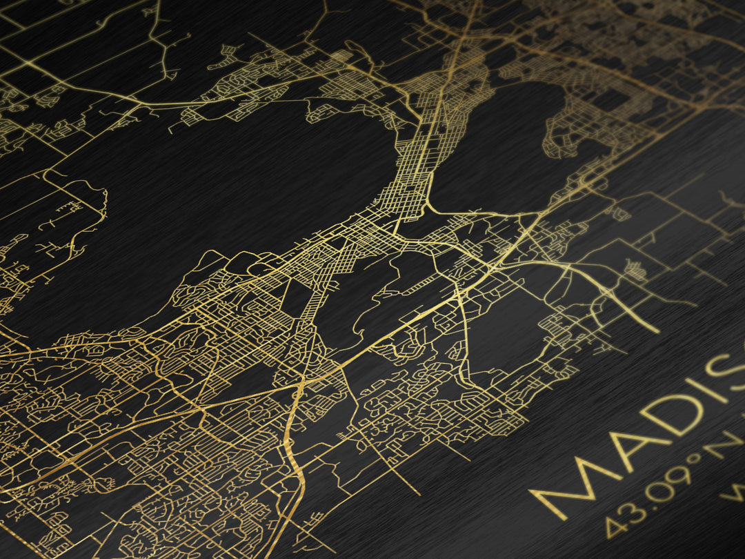 Madison Wisconsin City Poster, Metallic Gold Art, Metal Art, real wood frames, black and gold, Minimalist Wall Art, Map Print Poster