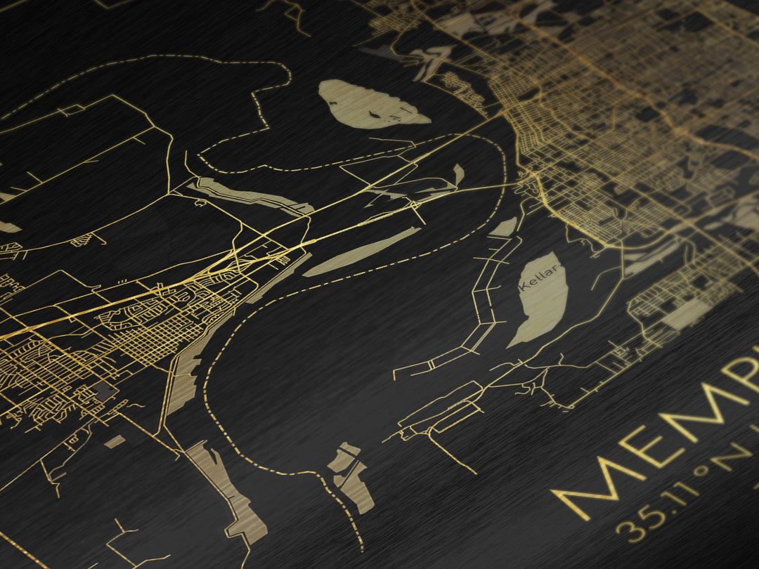 Memphis Tennessee City street map, Metallic Gold Print, Metal Art, wood framed map, black and gold, Street Map Art, Office Decor