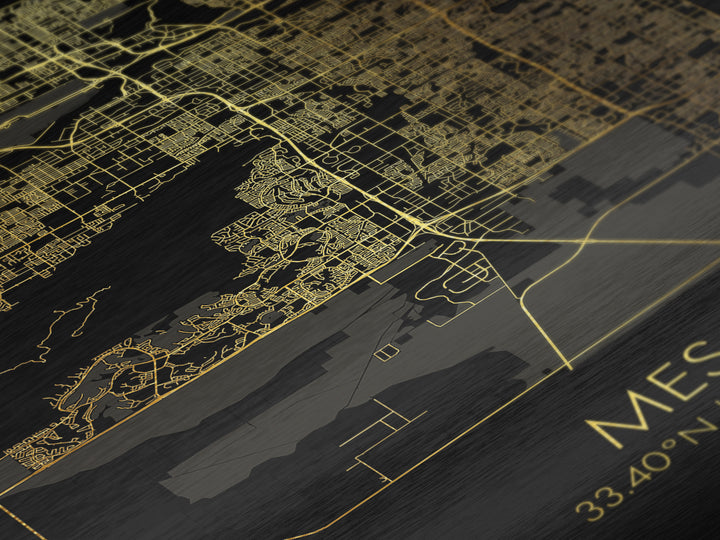 Mesa Arizona City Poster, Metallic Gold Art, Metal Art, real wood frames, black and gold, Map Art, Best Friend Gifts