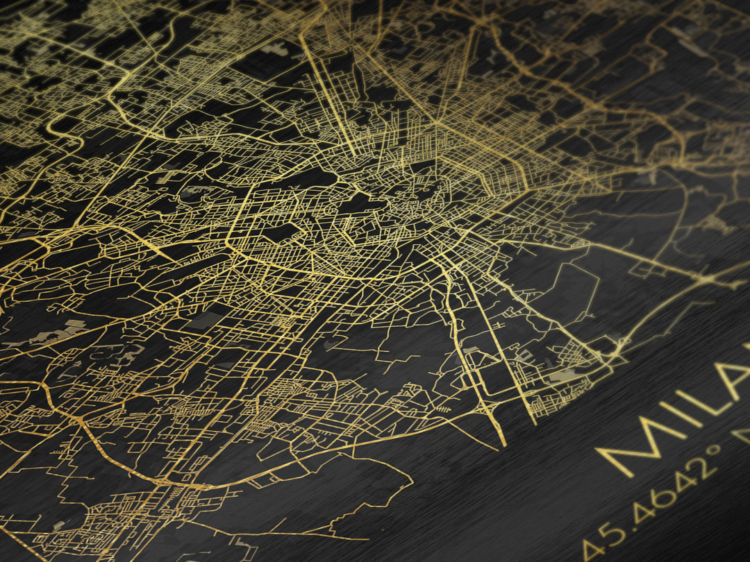 Milan Italy City Poster, Metallic Gold Art, Metal Art, real wood frames, black and gold, Minimalist Wall Art, Map Print Poster