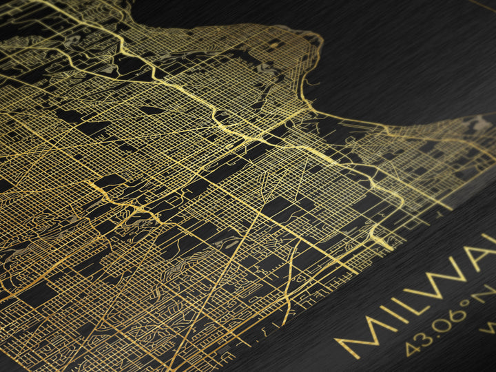 Milwaukee Wisconsin City street map, Metallic Gold Print, Metal Art, wood framed map, black and gold, Street Map Art, Office Decor