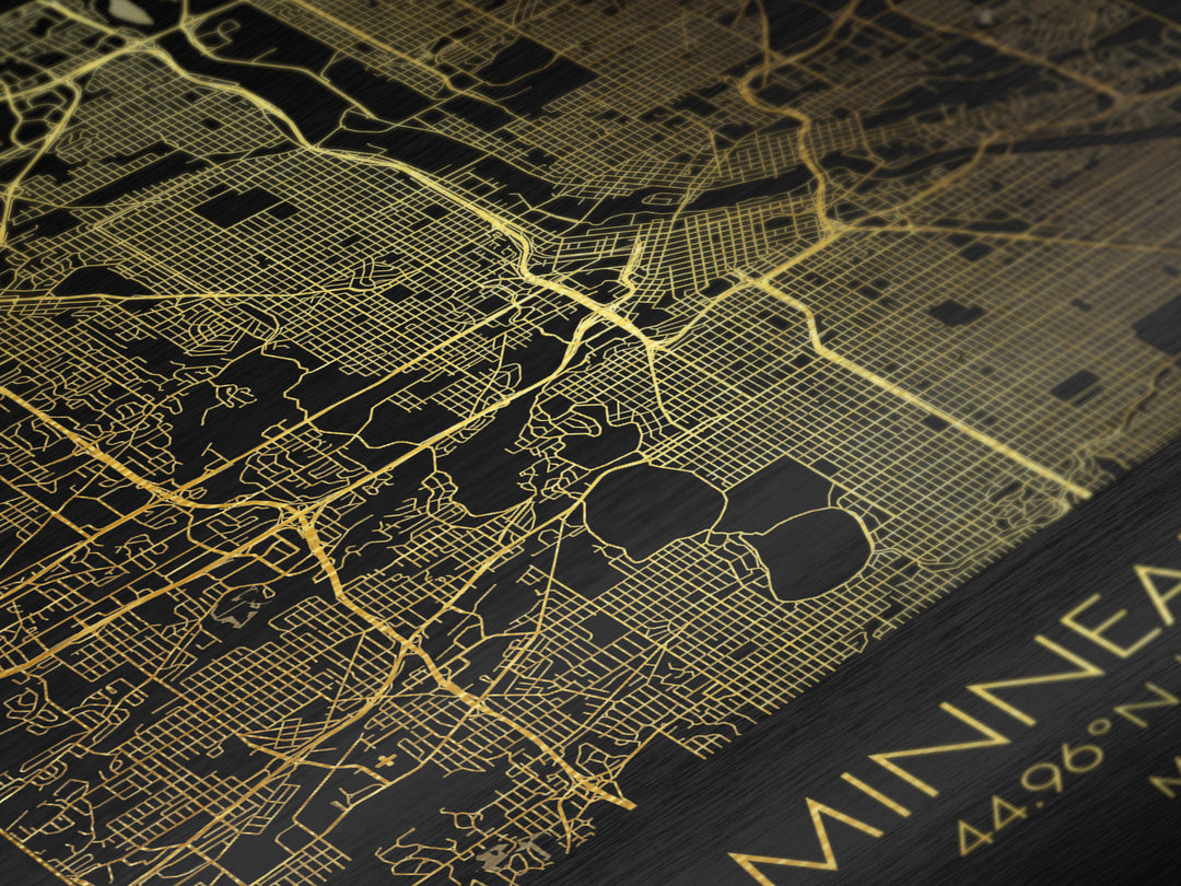 Minneapolis Minnesota City Poster, Metallic Gold Art, Metal Art, real wood frames, black and gold, Map Art, Best Friend Gifts