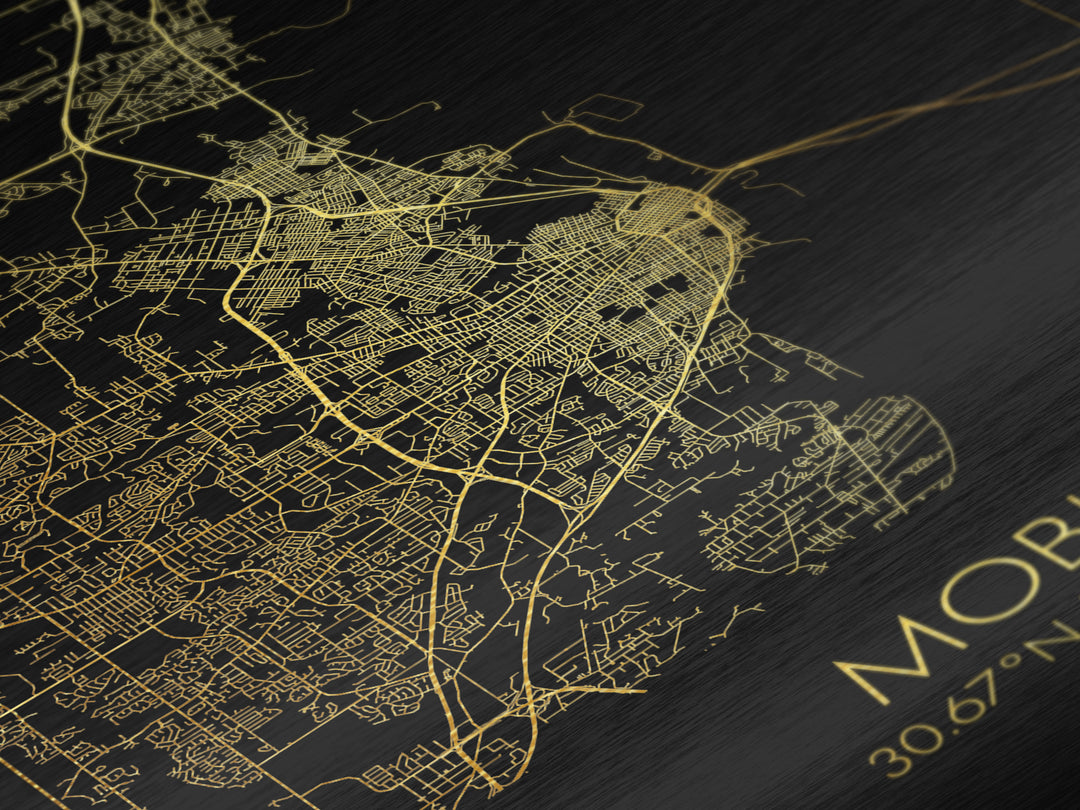 Mobile Alabama City street map, Metallic Gold Print, Metal Art, wood framed map, black and gold, Gold Street Map Art, Modern Wall Art