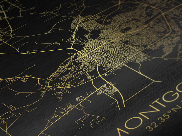 Montgomery Alabama City street map, Metallic Gold Print, Metal Art, wood framed map, black and gold, Street Map Art, Office Decor