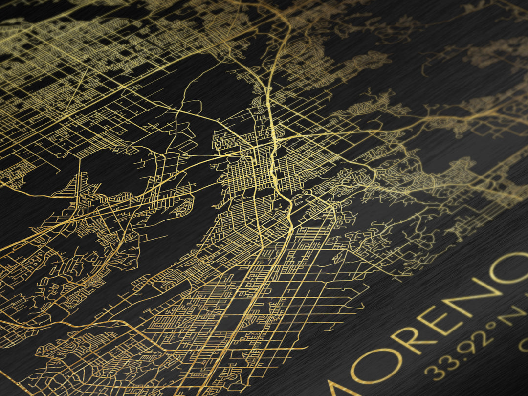 Moreno Valley California City Poster, Metallic Gold Art, Metal Art, real wood frames, black and gold, Map Art, Best Friend Gifts