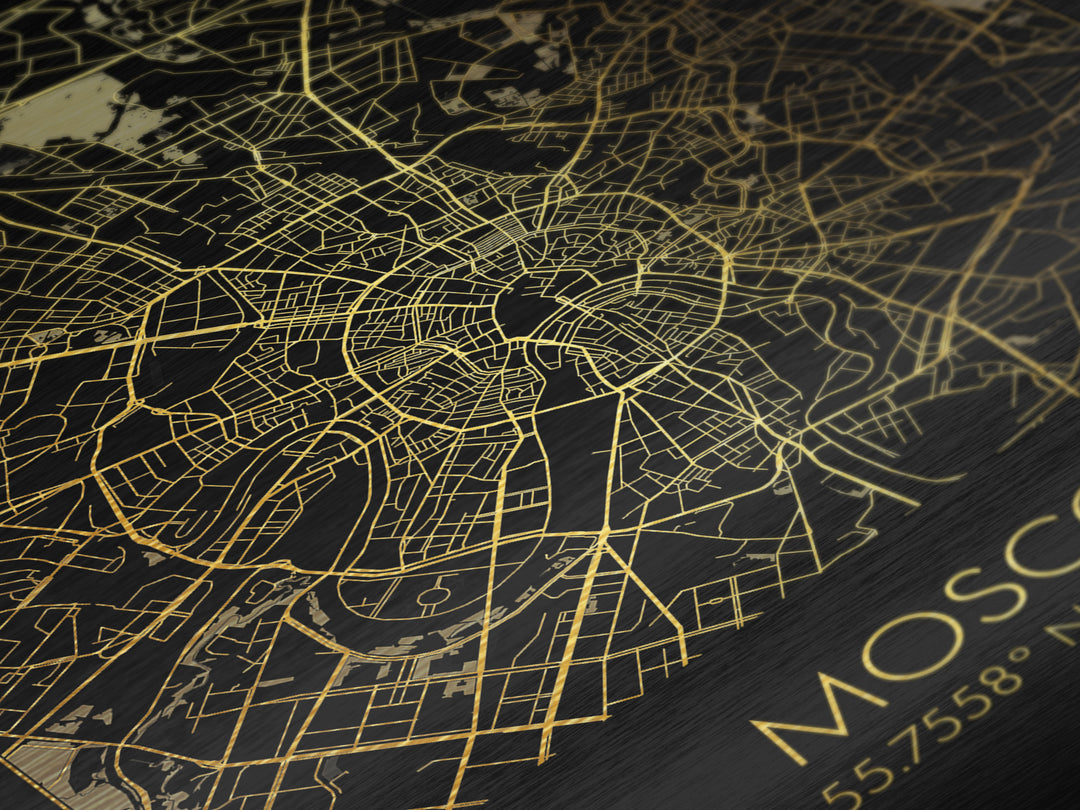 Moscow Russia City street map, Metallic Gold Print, Metal Art, wood framed map, black and gold, Gold Street Map Art, Modern Wall Art