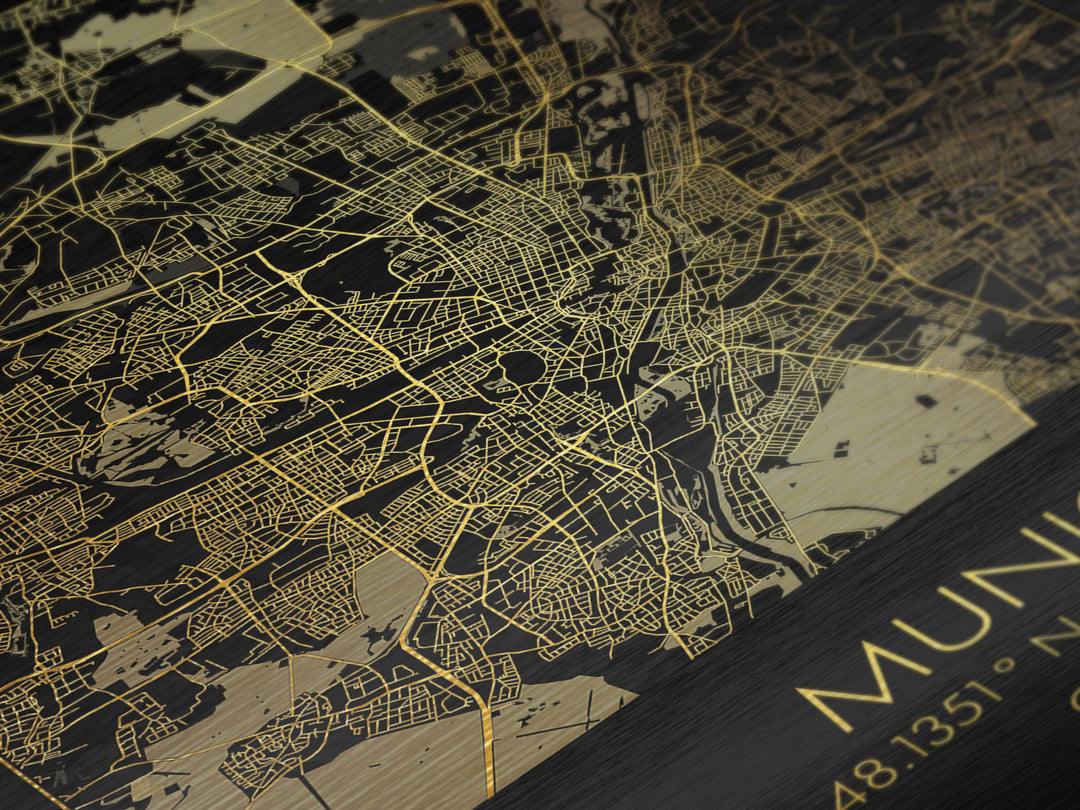 Munich Germany City Poster, Metallic Gold Art, Metal Art, real wood frames, black and gold, Minimalist Wall Art, Map Print Poster