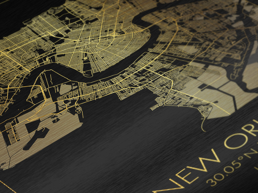 New Orleans Louisiana City street map, Metallic Gold Print, Metal Art, wood framed map, black and gold, Gold Street Map Art, Modern Wall Art
