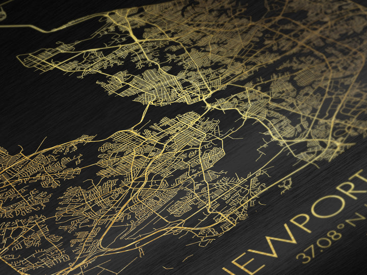 Newport News Virginia City Poster, Metallic Gold Art, Metal Art, real wood frames, black and gold, Minimalist Wall Art, Map Print Poster
