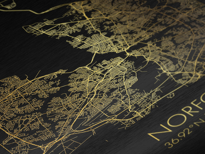 Norfolk Virginia City Poster, Metallic Gold Art, Metal Art, real wood frames, black and gold, Map Art, Best Friend Gifts