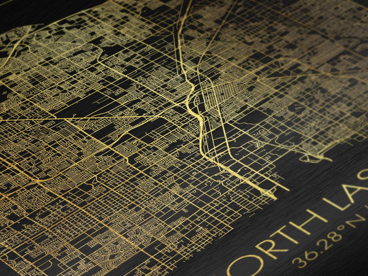 North Las Vegas Nevada map, Metallic Gold Print, Metal Art, wood framed map, black and gold, Gold Street Map Art, Modern Wall Art