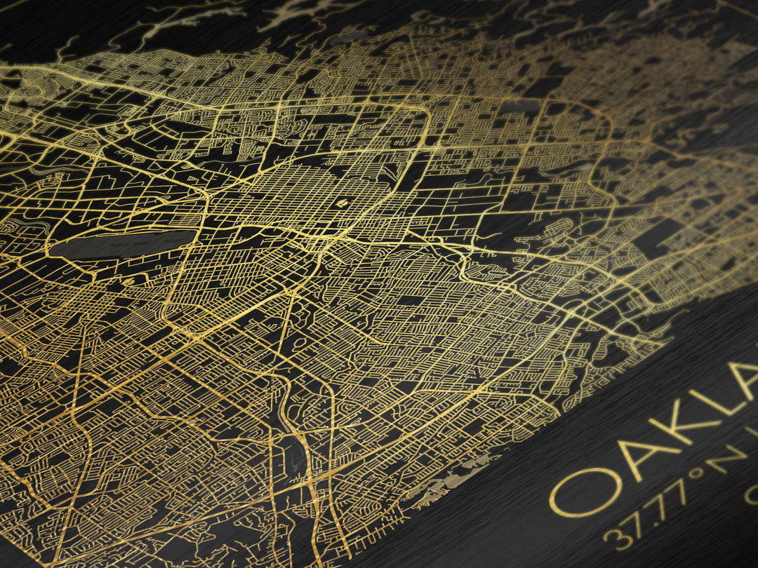 Oakland California City Poster, Metallic Gold Art, Metal Art, real wood frames, black and gold, Minimalist Wall Art, Map Print Poster