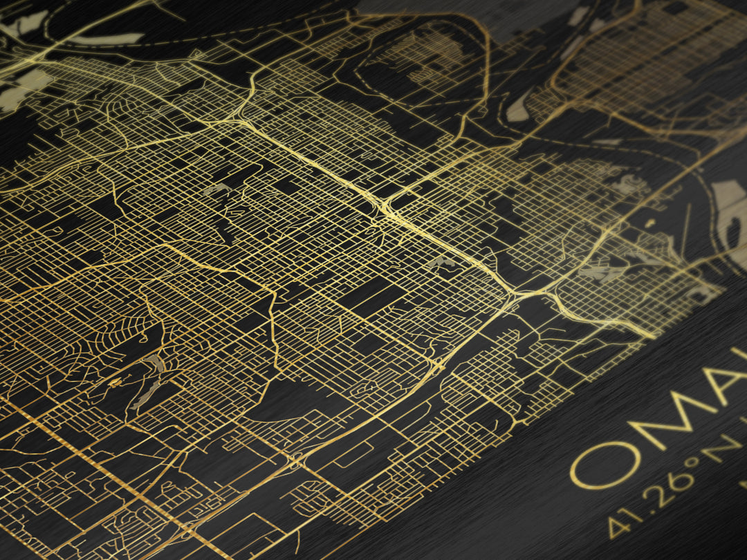Omaha Nebraska City street map, Metallic Gold Print, Metal Art, wood framed map, black and gold, Gold Street Map Art, Modern Wall Art