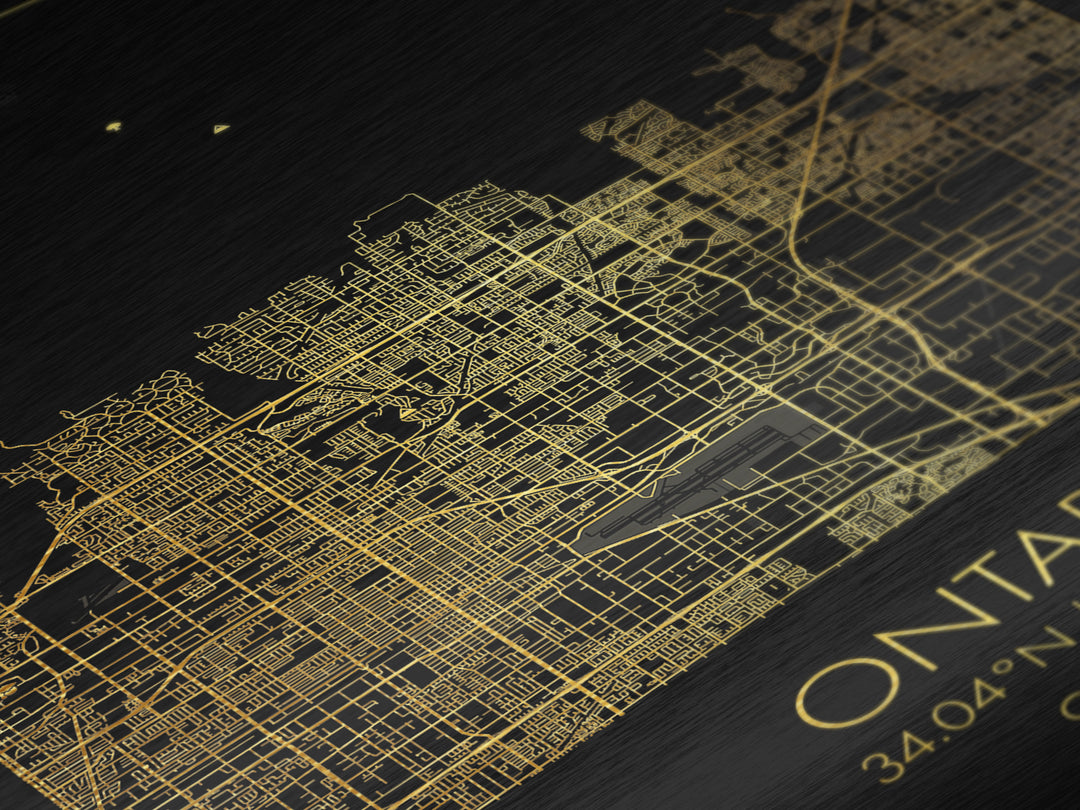 Ontario California City Poster, Metallic Gold Art, Metal Art, real wood frames, black and gold, Minimalist Wall Art, Map Print Poster