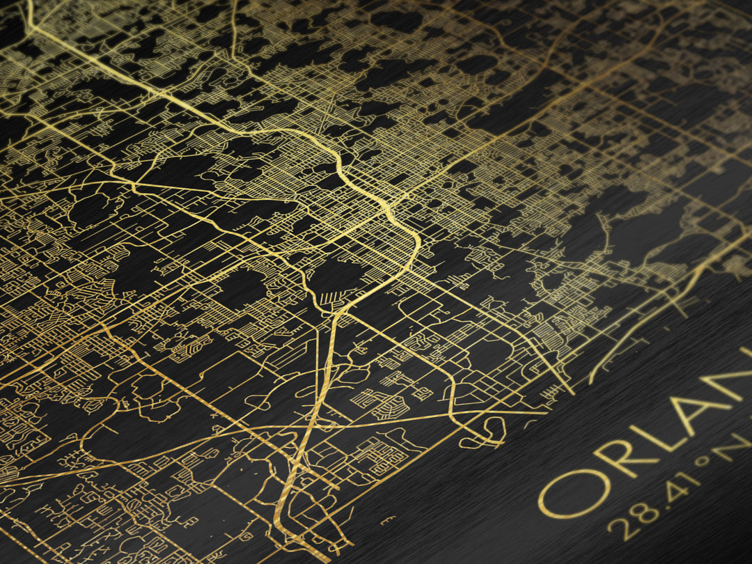 Orlando Florida City street map, Metallic Gold Print, Metal Art, wood framed map, black and gold, Street Map Art, Office Decor