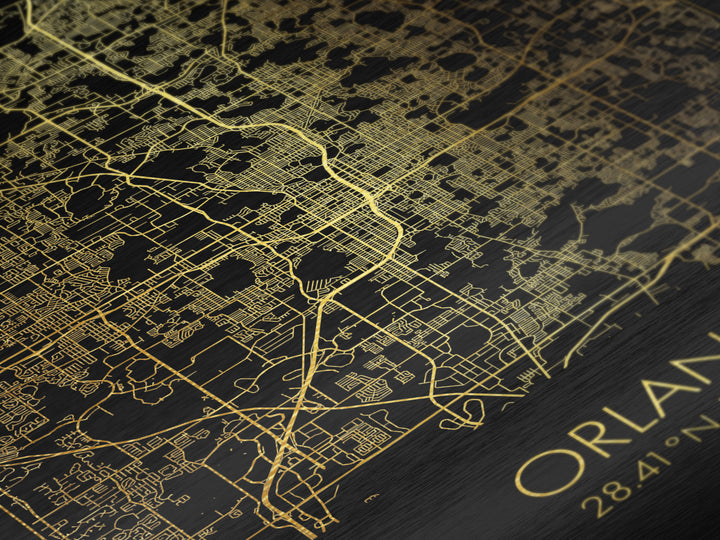 Orlando Florida City street map, Metallic Gold Print, Metal Art, wood framed map, black and gold, Street Map Art, Office Decor