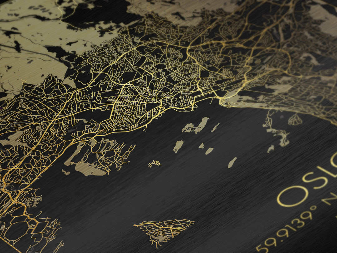 Oslo Norway City Poster, Metallic Gold Art, Metal Art, real wood frames, black and gold, Map Art, Best Friend Gifts
