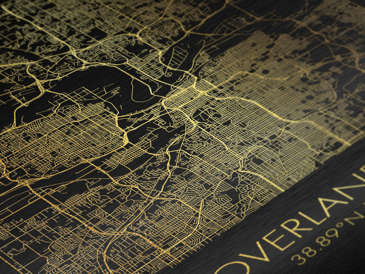 Overland Park Kansas City street map, Metallic Gold Print, Metal Art, wood framed map, black and gold, Gold Street Map Art, Modern Wall Art