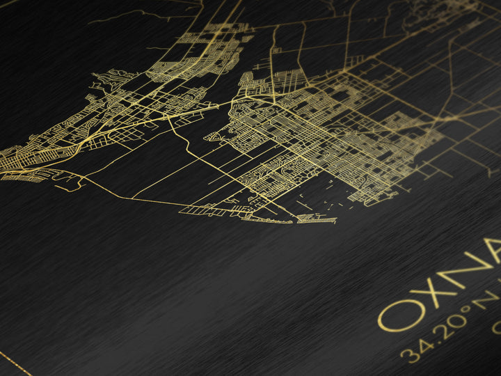 Oxnard California City Poster, Metallic Gold Art, Metal Art, real wood frames, black and gold, Minimalist Wall Art, Map Print Poster