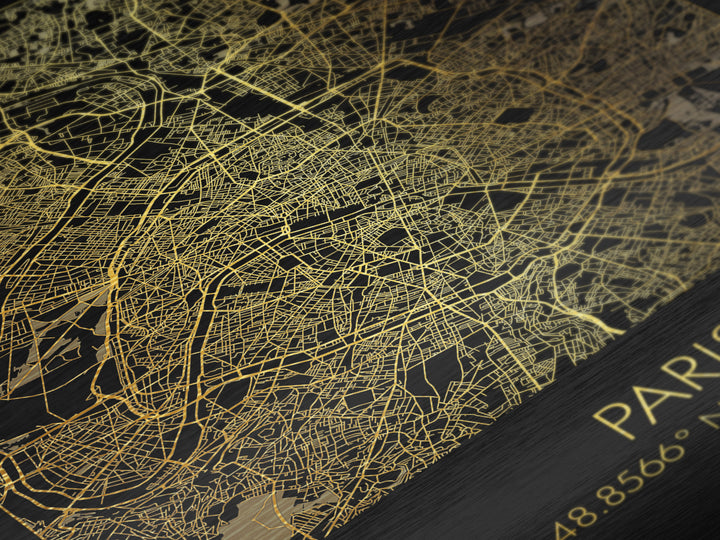 Paris France City street map, Metallic Gold Print, Metal Art, wood framed map, black and gold, Street Map Art, Office Decor