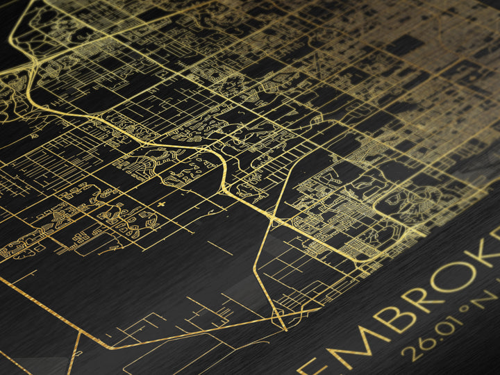 Pembroke Pines Florida City Poster, Metallic Gold Art, Metal Art, real wood frames, black and gold, Map Art, Best Friend Gifts