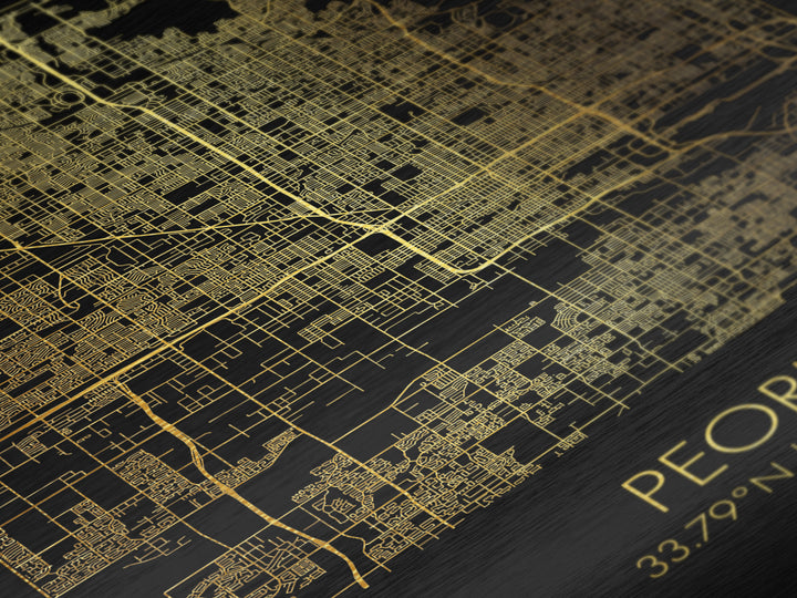 Peoria Arizona City street map, Metallic Gold Print, Metal Art, wood framed map, black and gold, Gold Street Map Art, Modern Wall Art