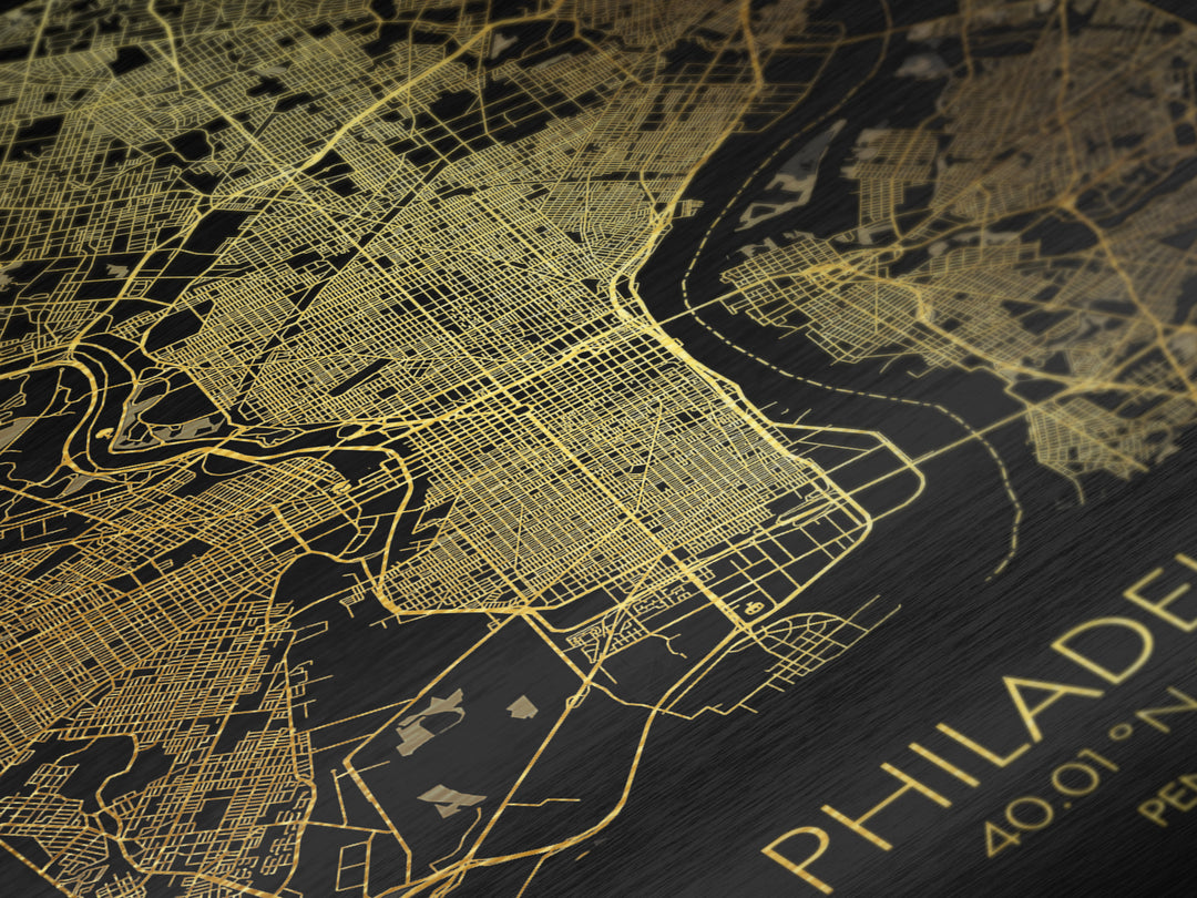 Philadelphia Pennsylvania City Poster, Metallic Gold Art, Metal Art, real wood frames, black and gold, Minimalist Wall Art, Map Print Poster