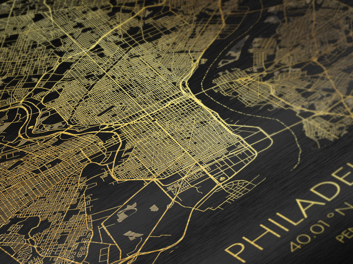 Philadelphia Pennsylvania City Poster, Metallic Gold Art, Metal Art, real wood frames, black and gold, Minimalist Wall Art, Map Print Poster