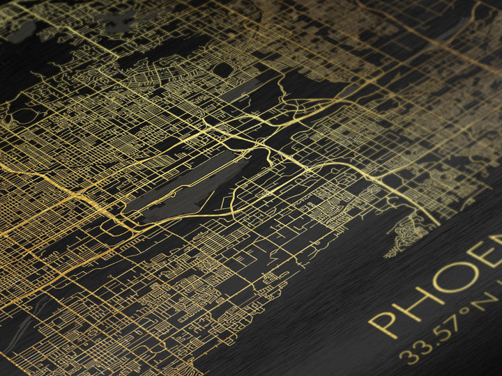 Phoenix Arizona City street map, Metallic Gold Print, Metal Art, wood framed map, black and gold, Street Map Art, Office Decor