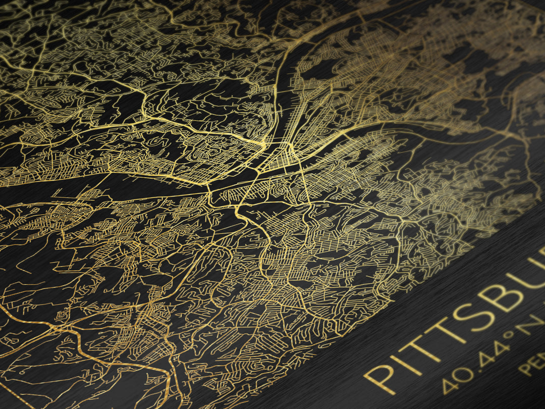 Pittsburgh Pennsylvania City Poster, Metallic Gold Art, Metal Art, real wood frames, black and gold, Map Art, Best Friend Gifts