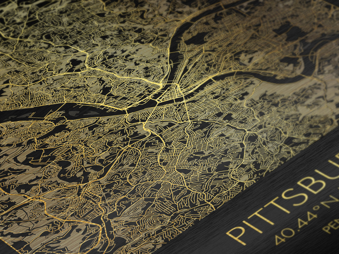 Pittsburgh Pennsylvania street map, Metallic Gold Print, Metal Art, wood framed map, black and gold, Gold Street Map Art, Modern Wall Art