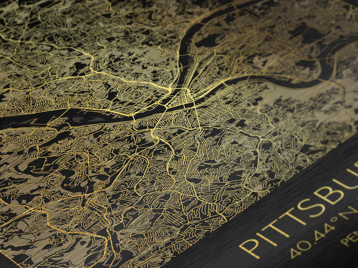 Pittsburgh Pennsylvania street map, Metallic Gold Print, Metal Art, wood framed map, black and gold, Gold Street Map Art, Modern Wall Art