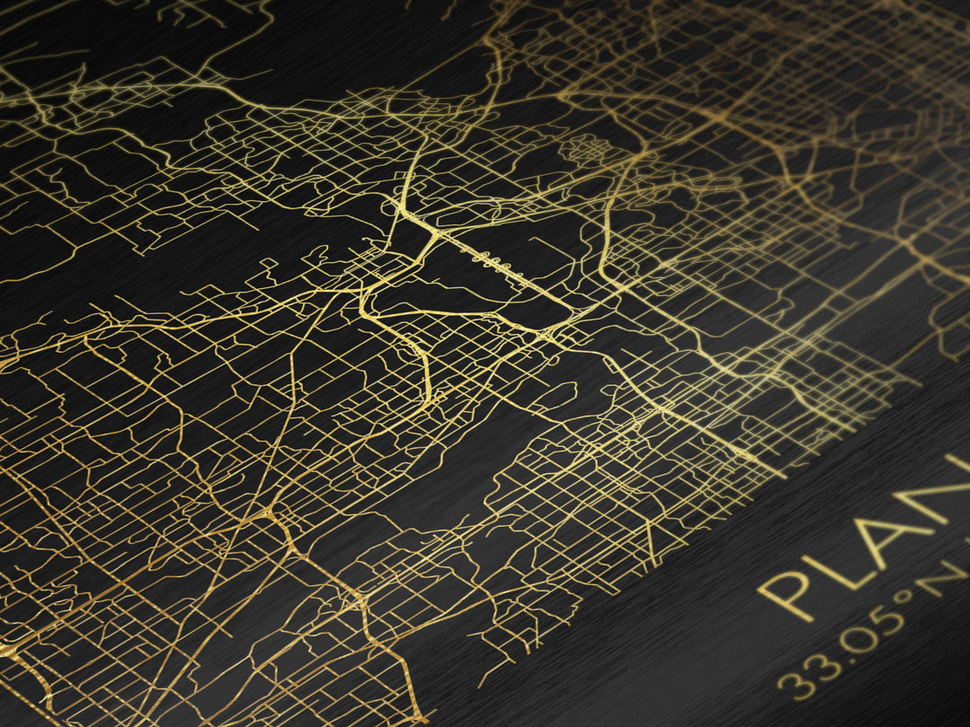 Plano Texas City Poster, Metallic Gold Art, Metal Art, real wood frames, black and gold, Minimalist Wall Art, Map Print Poster