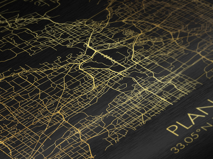 Plano Texas City Poster, Metallic Gold Art, Metal Art, real wood frames, black and gold, Minimalist Wall Art, Map Print Poster