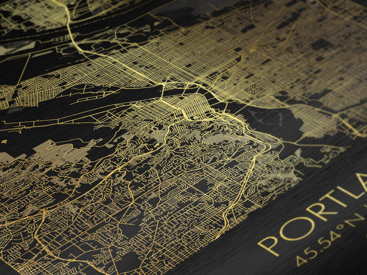 Portland Oregon City street map, Metallic Gold Print, Metal Art, wood framed map, black and gold, Street Map Art, Office Decor