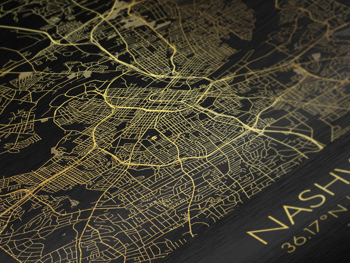 Nashville Tennessee City street map, Metallic Gold Print, Metal Art, wood framed map, black and gold, Street Map Art, Office Decor