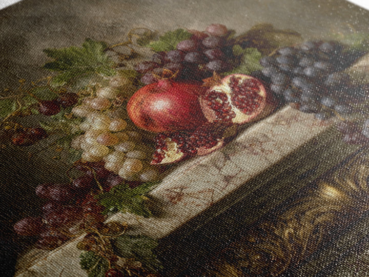 Pomegranate and Grapes on Marble Ledge Canvas Print, Renaissanceinspired Art, Celestial Decor, Living Room Decor, Classic, REN-1x1-17
