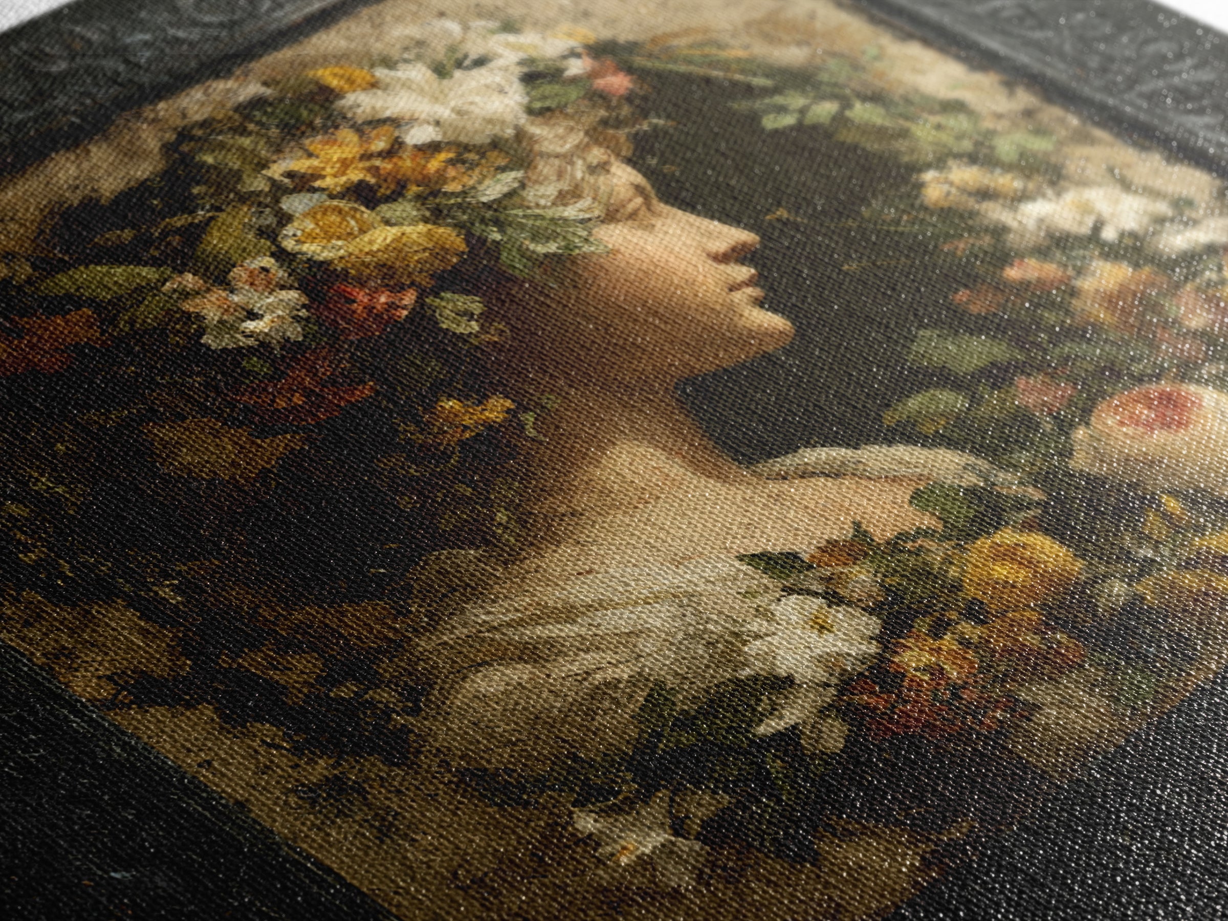 Floral Garland Surrounding a Classical Profile Canvas Print, Renaissanceinspired Art, Unique Wall Art, Living Room Decor, REN-1x1-22