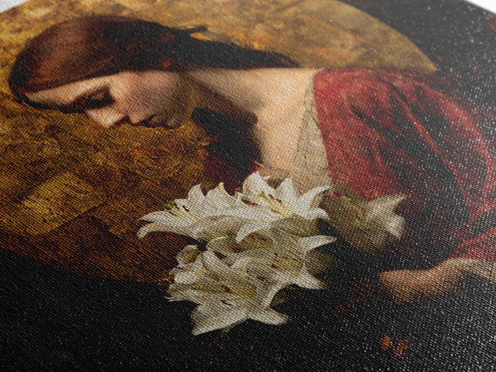 Saint Like Figure Holding White Lilies Framed Canvas Print, Renaissanceinspired Art, Floral Print, Living Room Decor, Classic, REN-1x1-37