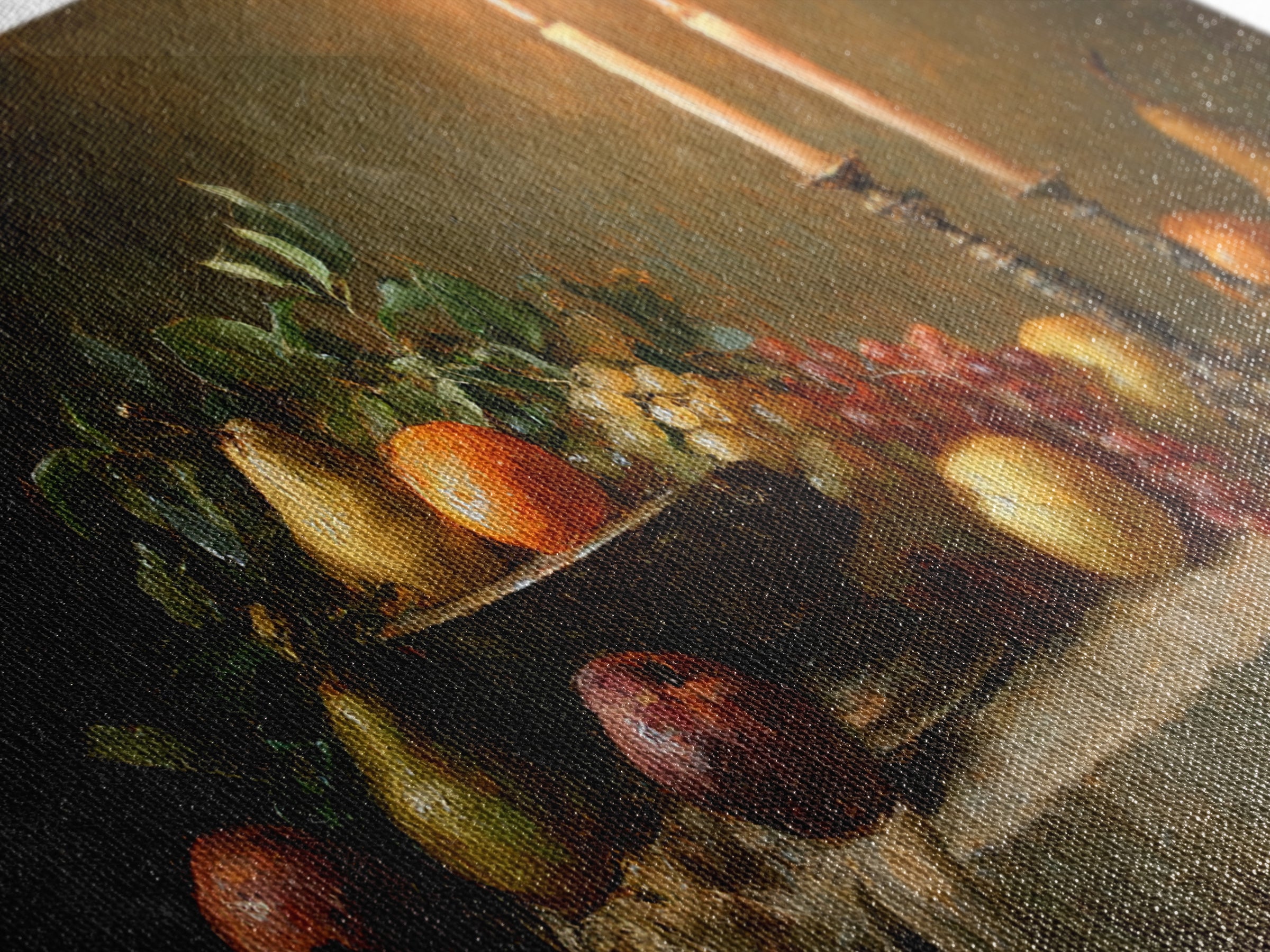 Oil Painted Fruit Still Life on Dark Framed Canvas Print, Renaissanceinspired Art, Fantasy Decor, Living Room Decor, Classic, REN-2x1-95