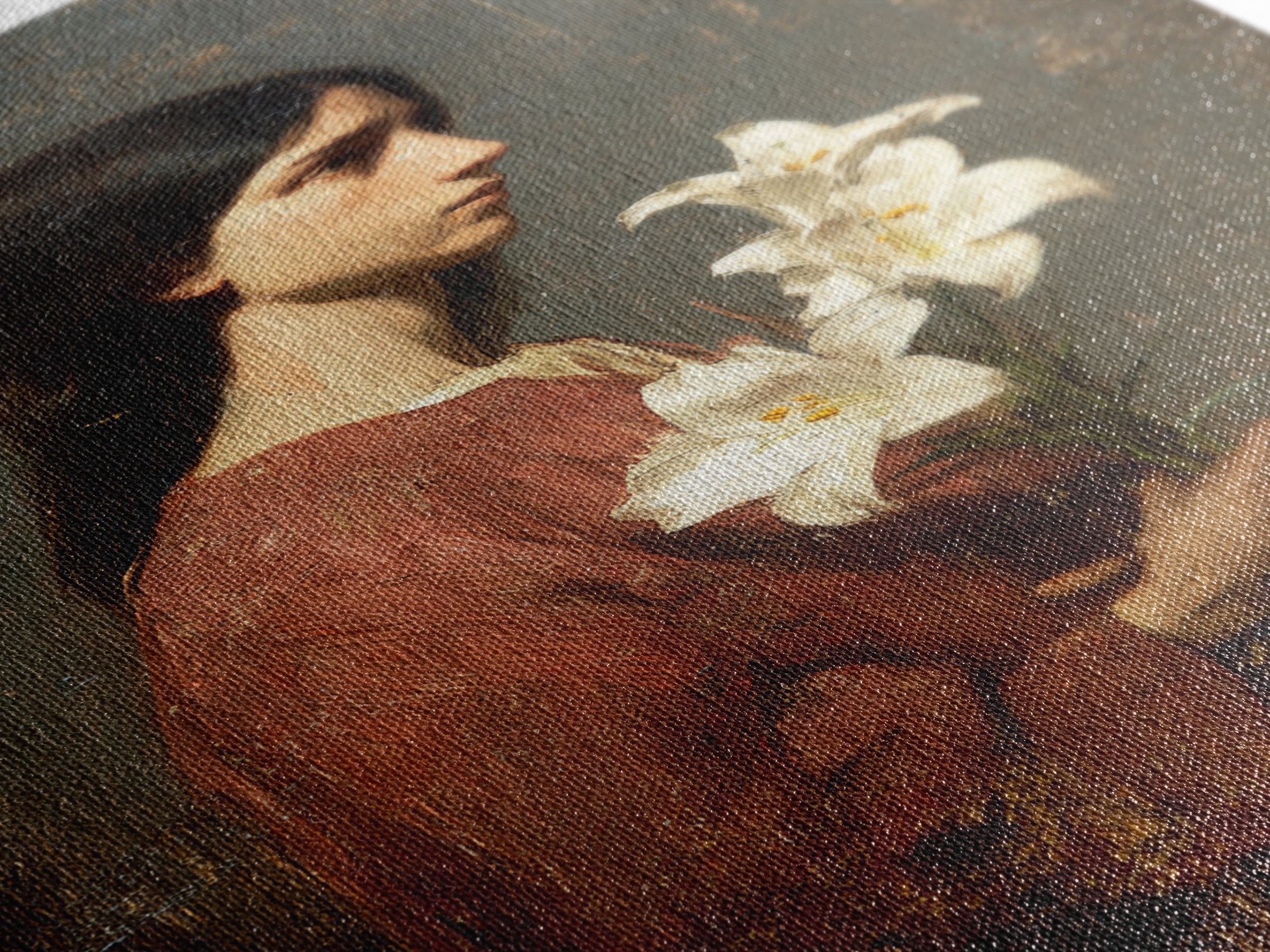 Saint Like Figure Holding White Lilies Framed Canvas Print, Renaissanceinspired Art, Classic Art, Living Room Decor, Classic, REN-2x3-21