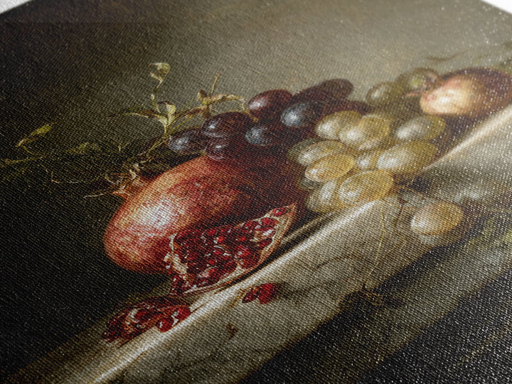 Pomegranate and Grapes on Marble Ledge Canvas Print, Renaissanceinspired Art, Statement Artwork, Living Room Decor, Classic, REN-2x3-49