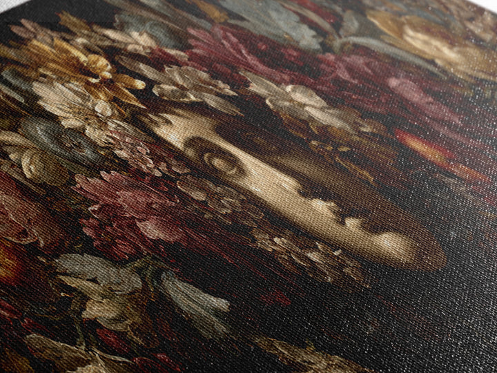 Floral Garland Surrounding a Classical Profile Canvas Print, Renaissanceinspired Art, Painting from Photo, Living Room Decor, REN-3x1-62