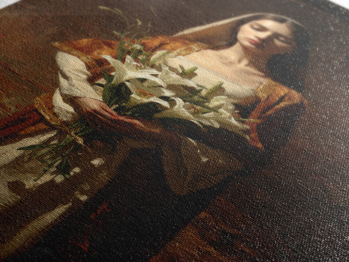 Saint Like Figure Holding White Lilies Canvas Print, Renaissanceinspired Art, Digital Art, Living Room Decor, Oil Painting, REN-3x2-17