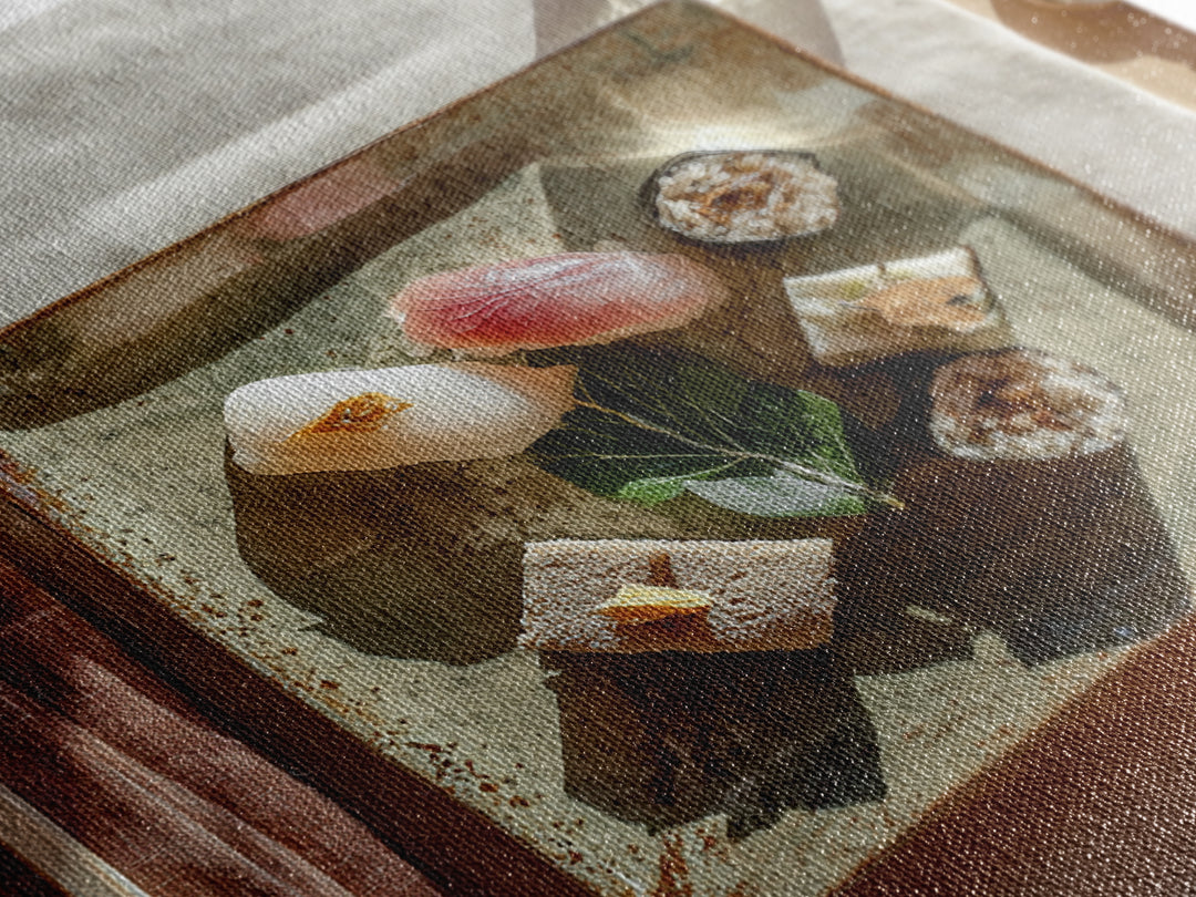 Sushi Fish and Ceramic Plate Composition Framed Canvas Print, Restaurant Art, Textured Painting, Restaurant Decor, Bistro, RES-1x1-29