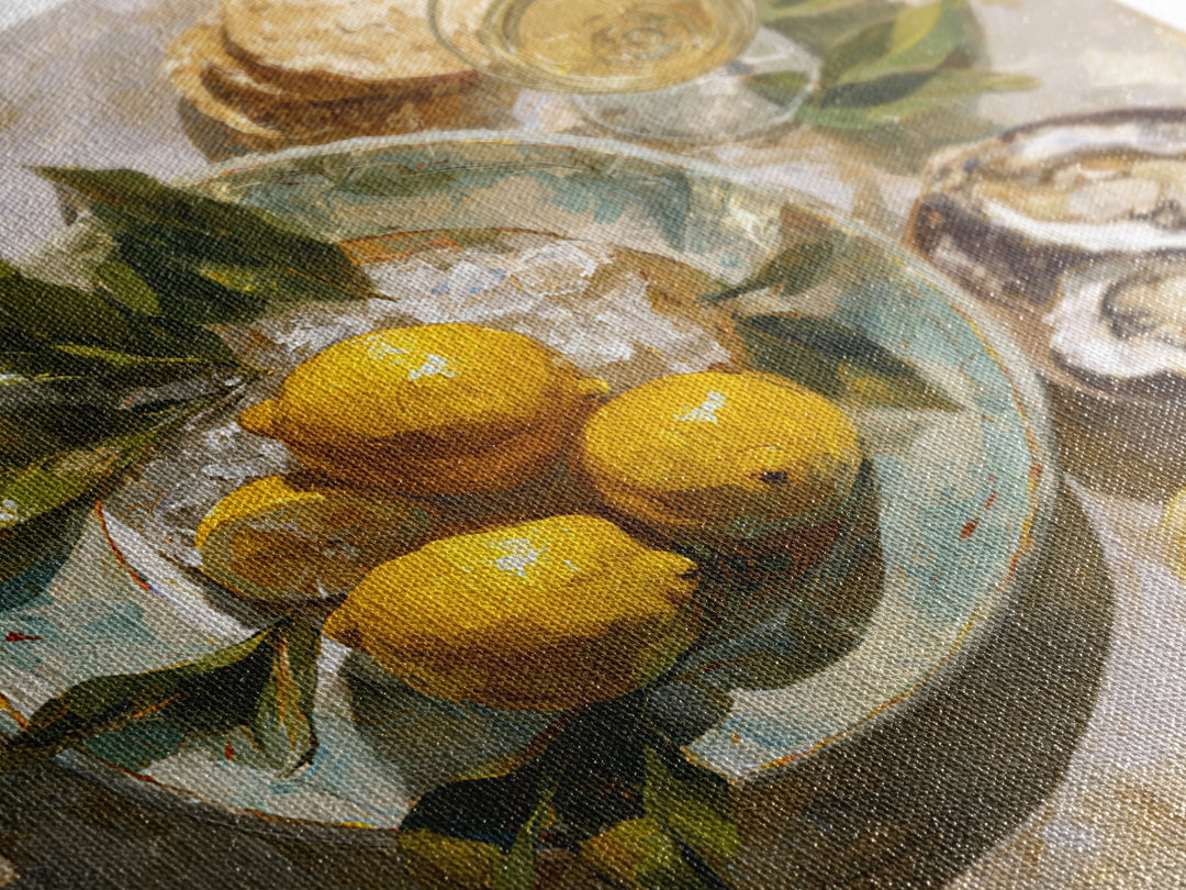 Oyster Platter with Lemons and Champagne Canvas Print, Restaurant Art, Kitchen Wall Art, Restaurant Decor, Abstract Art, Bistro, RES-1x1-3