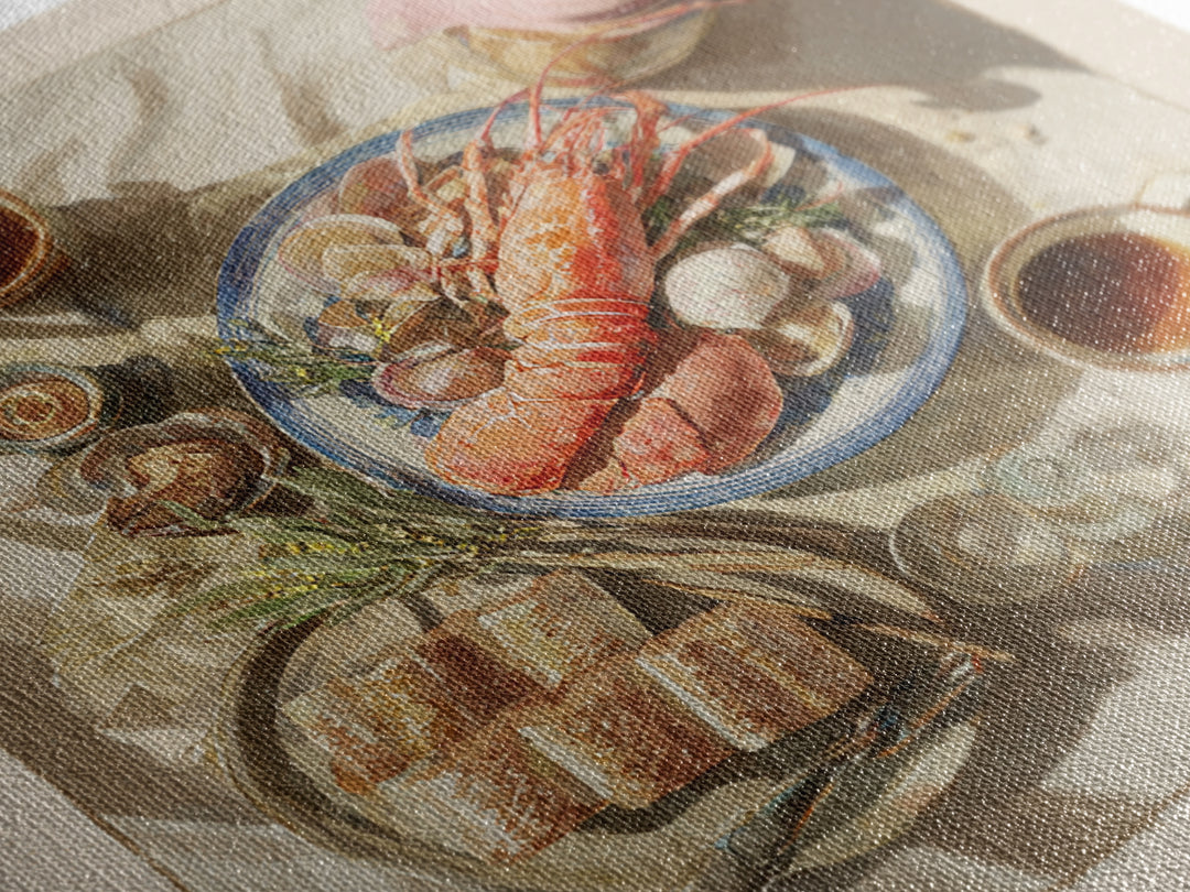 Seafood Lobster and Shell Arrangement Framed Canvas Print, Restaurant Art, Gallery Decor, Restaurant Decor, Fine Art, Bistro, RES-1x1-32